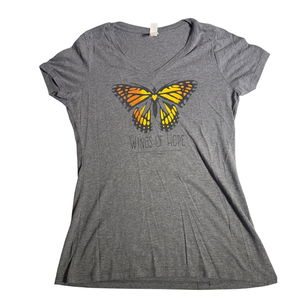 Wings of Hope Butterfly V-Neck T-Shirt Grey Small